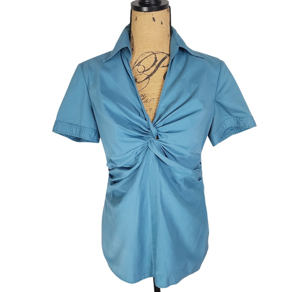 Y2K NEW YORK &‎ COMPANY Size 6 Blue Twist Front Short Sleeve Career Chic Blouse